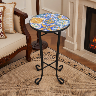 Sunvega Brown and Black Ceramic Side Table with Slatted Shelf for Patio