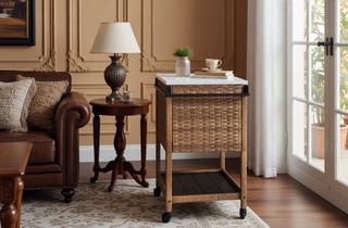 Sunvega Large Outdoor Wicker Bar Cart with Wheels and Glass Top for Patio