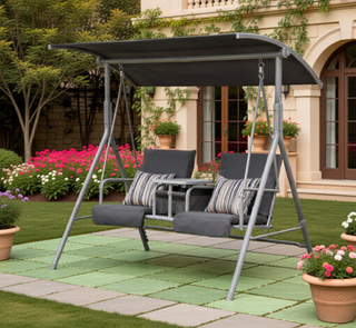 Sunvega Outdoor Porch Swing Chair with Canopy Table and Cup Holders for Two Adults