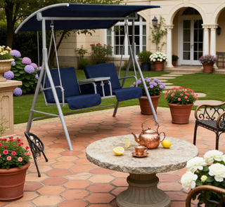Sunvega Outdoor Porch Swing Chair with Canopy Table and Cup Holders for Two Adults
