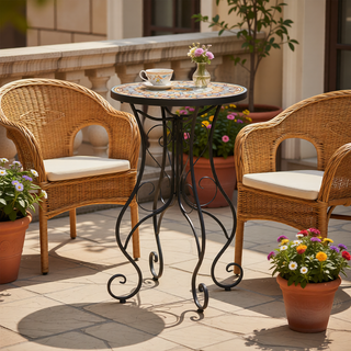Sunvega Brown and Black Ceramic Side Table with Slatted Shelf for Patio