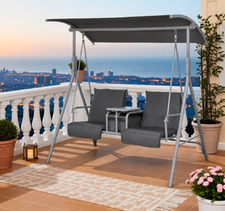Sunvega Outdoor Porch Swing Chair with Canopy Table and Cup Holders for Two Adults