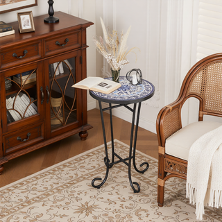 Sunvega Brown and Black Ceramic Side Table with Slatted Shelf for Patio