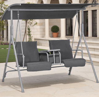 Sunvega Outdoor Porch Swing Chair with Canopy Table and Cup Holders for Two Adults