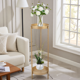 Sunvega Golden Folding Metal 2-Tier Plant Stand with Round Trays for Indoor Outdoor