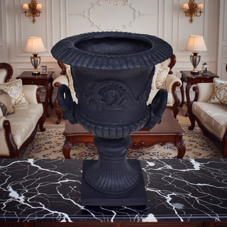 Sunvega Roman Design Concrete Chalice Urn Planter with Botanical Accents for Garden
