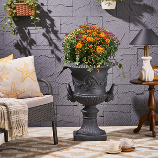 Sunvega Roman Design Concrete Chalice Urn Planter with Botanical Accents for Garden