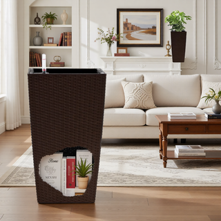 Sunvega Modern Faux Rattan Square Planter with Automatic Watering System for Home and Garden