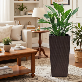 Sunvega Modern Faux Rattan Square Planter with Automatic Watering System for Home and Garden