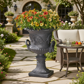 Sunvega Roman Design Concrete Chalice Urn Planter with Botanical Accents for Garden