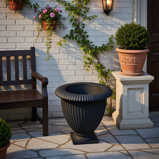 Sunvega Roman Design Concrete Chalice Urn Planter with Botanical Accents for Garden