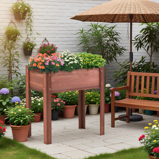Sunvega Natural Solid Wood Raised Garden Bed with Legs for Outdoor Plants Flowers Fruits Vegetable Herb Growing