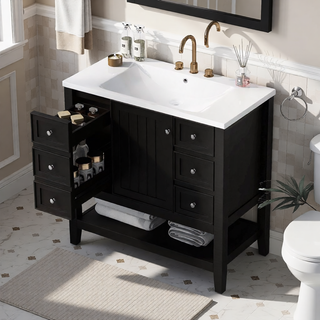 Sunvega 36 Inch Bathroom Vanity Cabinet Base with Drawers and Open Shelf in Black