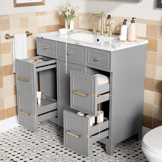 Sunvega 36 inch White Bathroom Vanity with Ceramic Sink and Soft Close Doors
