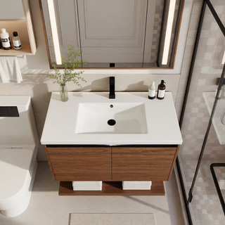 Sunvega 30 Inch Brown Bathroom Vanity with Resin Countertop Sink and 2 Doors