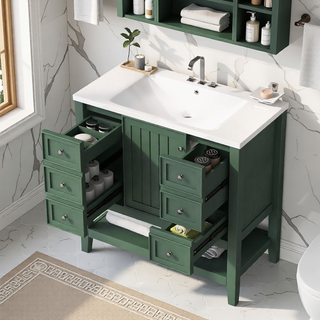 Sunvega 36 Inch Bathroom Vanity Cabinet Base with Drawers and Open Shelf in Black