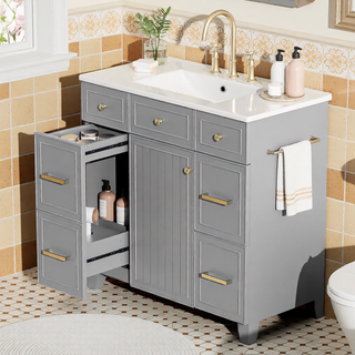 Sunvega 36 inch White Bathroom Vanity with Ceramic Sink and Soft Close Doors