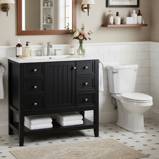 Sunvega 36 Inch Bathroom Vanity Cabinet Base with Drawers and Open Shelf in Black