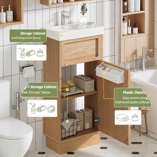 Sunvega 15.75" Small Bathroom Vanity with Reversible Resin Sink and Push-to-Open Door