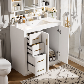 Sunvega 30 Inch Solid Wood Freestanding Bathroom Vanity with Ceramic Sink and Storage