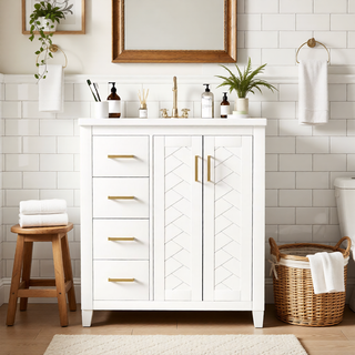 Sunvega 30 Inch Solid Wood Freestanding Bathroom Vanity with Ceramic Sink and Storage