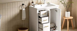 Sunvega 30 Inch Solid Wood Freestanding Bathroom Vanity with Ceramic Sink and Storage