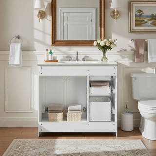 Sunvega 30 Inch Solid Wood Freestanding Bathroom Vanity with Ceramic Sink and Storage