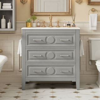 Sunvega 30 Inch Freestanding Bathroom Vanity with Ceramic Sink and 3 Drawers