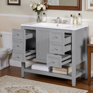 Sunvega 36 Inch Bathroom Vanity Cabinet Base with Drawers and Open Shelf in Black