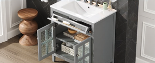 Sunvega Modern 30 Inch Bathroom Vanity with Ceramic Sink and Tempered Glass
