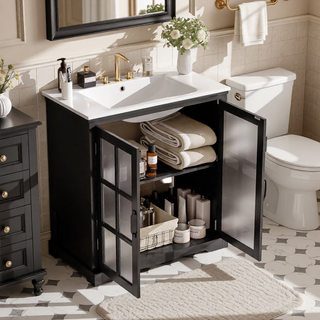 Sunvega Modern 30 Inch Bathroom Vanity with Ceramic Sink and Tempered Glass