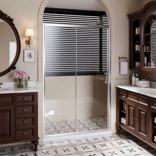 Sunvega 60x62 Inch Adjustable Sliding Shower Door with Tempered Glass and Black Frame