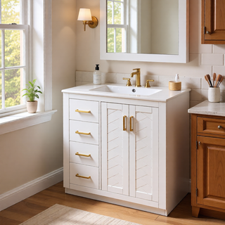 Sunvega 30 Inch Solid Wood Freestanding Bathroom Vanity with Ceramic Sink and Storage