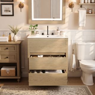 Sunvega Gray Bathroom Vanity with Ceramic Sink and 2 Soft Close Full-Extension Drawers