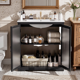 Sunvega Modern 30 Inch Bathroom Vanity with Ceramic Sink and Tempered Glass