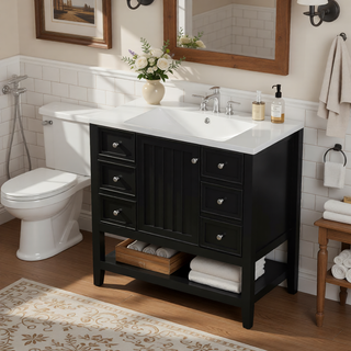 Sunvega 36 Inch Bathroom Vanity Cabinet Base with Drawers and Open Shelf in Black
