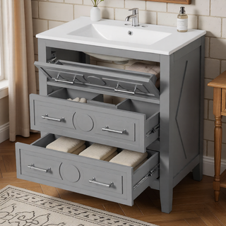 Sunvega 30 Inch Freestanding Bathroom Vanity with Ceramic Sink and 3 Drawers