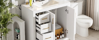 Sunvega 30 Inch Solid Wood Freestanding Bathroom Vanity with Ceramic Sink and Storage