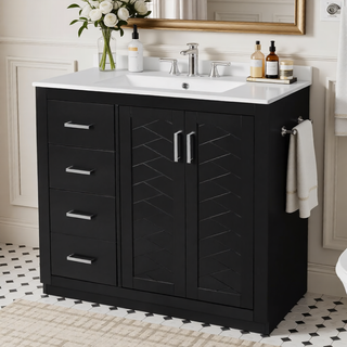 Sunvega 30 Inch Solid Wood Freestanding Bathroom Vanity with Ceramic Sink and Storage