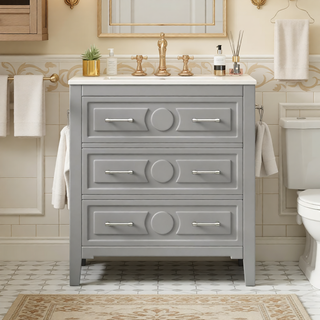 Sunvega 30 Inch Freestanding Bathroom Vanity with Ceramic Sink and 3 Drawers