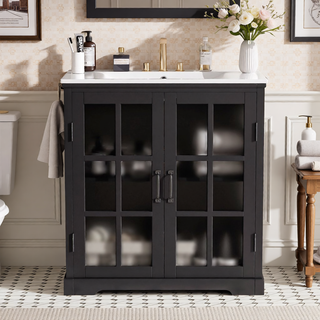 Sunvega Modern 30 Inch Bathroom Vanity with Ceramic Sink and Tempered Glass