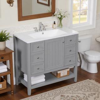 Sunvega 36 Inch Bathroom Vanity Cabinet Base with Drawers and Open Shelf in Black
