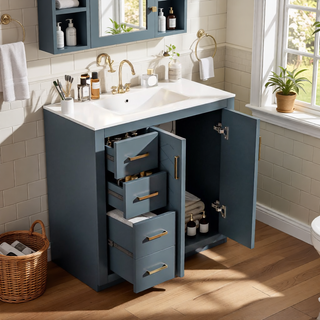 Sunvega 30 Inch Solid Wood Freestanding Bathroom Vanity with Ceramic Sink and Storage