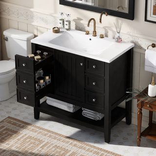 Sunvega 36 Inch Bathroom Vanity Cabinet Base with Drawers and Open Shelf in Black