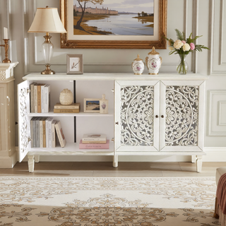 Sunvega Antique Green Buffet Cabinet with Floral Carvings and Solid Wood Legs for Living Room