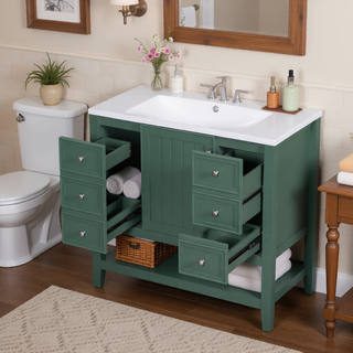 Sunvega 36 Inch Bathroom Vanity Cabinet Base with Drawers and Open Shelf in Black
