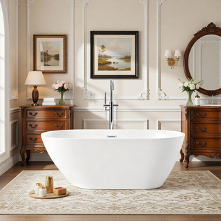 Sunvega 59 Inch Acrylic Freestanding Soaking Tub with Gold Overflow Drain