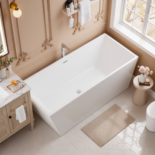Sunvega 59 Inch Acrylic Freestanding Soaking Tub with Gold Overflow Drain