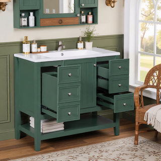 Sunvega 36 Inch Bathroom Vanity Cabinet Base with Drawers and Open Shelf in Black