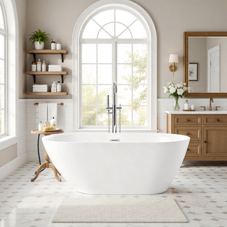 Sunvega 59 Inch Acrylic Freestanding Soaking Tub with Gold Overflow Drain
